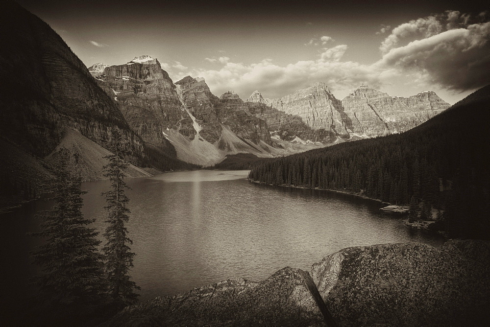 Black and white, Sepia Moraine Lake in the morning, Wenkchemna Range, Valley of the Ten Peaks, Banff National Park, Rocky Mountains, Alberta, Canada