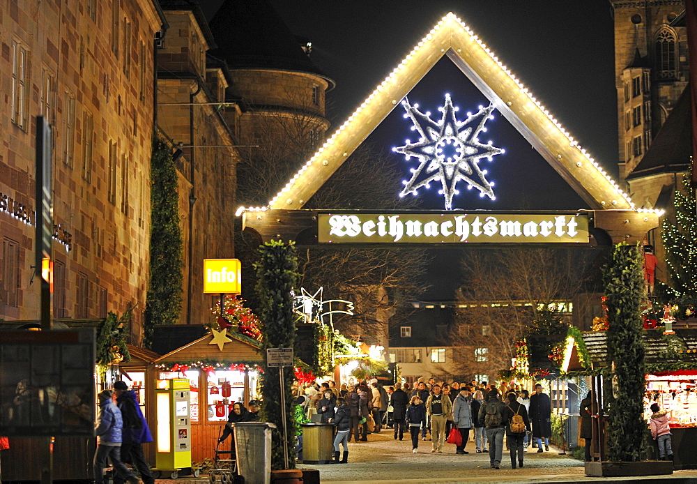 Entrance, Christmas market, Altes Schloss castle, Stuttgart square, Stuttgart, Baden-Wuerttemberg, Germany, Europe