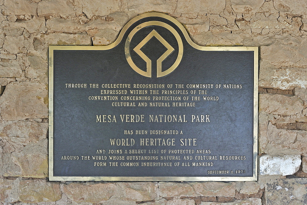 Information board at Mesa Verde National Park about the UNESCO World Heritage Site, Colorado, USA, North America