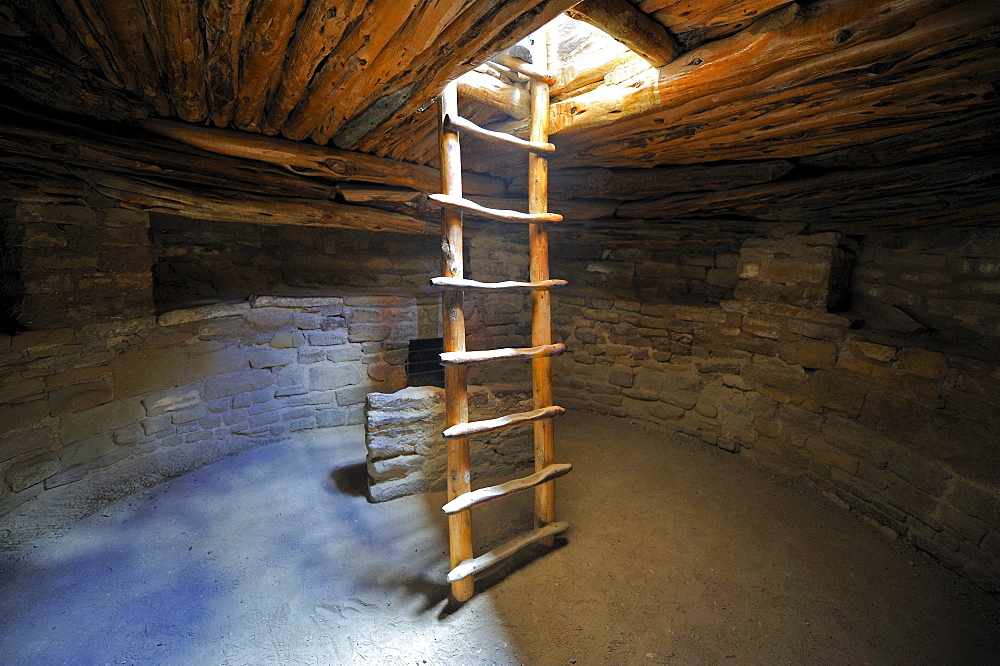 Ladder into an underground room, Kiwa, Spruce Tree House, a cliff dwelling of the Native American Indians, about 800 years old, Mesa Verde National Park, UNESCO World Heritage Site, Colorado, USA, North America