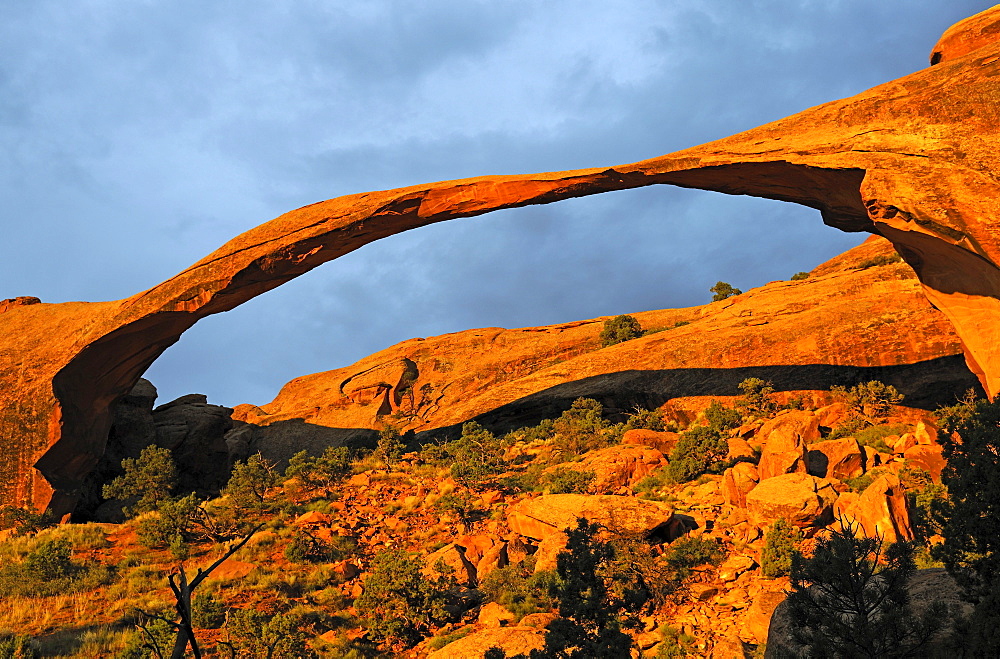 Landscape Arch rock formation in the morning in a stormy atmosphere, Arches National Park, Utah, United States, America