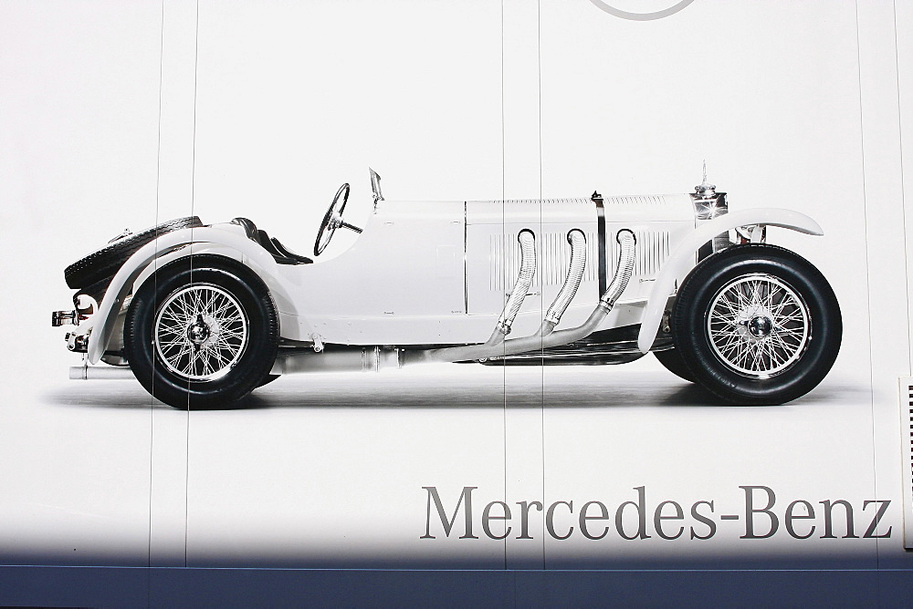 Photo of a Mercedes ss on the tarpaulin of the truck of the Mercedes Benz Oldtimer Museum, Oldtimer Grand Prix Nurburgring 2010 race, Nurburgring race track, Rhineland-Palatinate, Germany, Europe