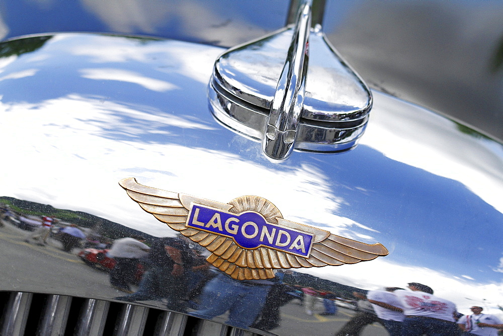 Lagonda brand emblem on the hood of a vintage car, Alpine Rally 2010 Kitzbuehel, Tyrol, Austria, Europe