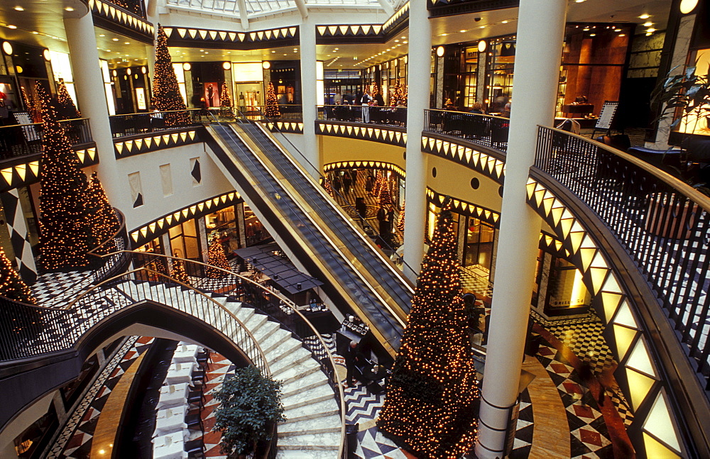 Interior with Christmas tree, luxury shopping at Christmas time, Quartier 206, Friedrichstrasse, Berlin, Germany, Europe