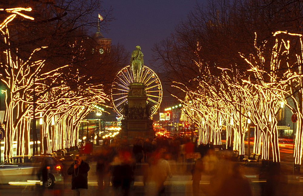 Unter den Linden at Christmas time with the equestrian statue of Frederick II, ferris wheel, Red Town Hall, Berlin, Germany, Europe