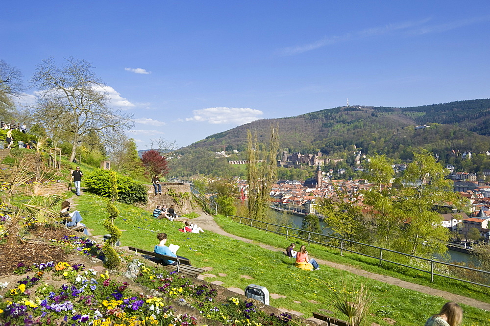 City panorama seen from Philosophers' Walk, Heidelberg, Neckar, Palatinate, Baden-Wuerttemberg, Germany, Europe