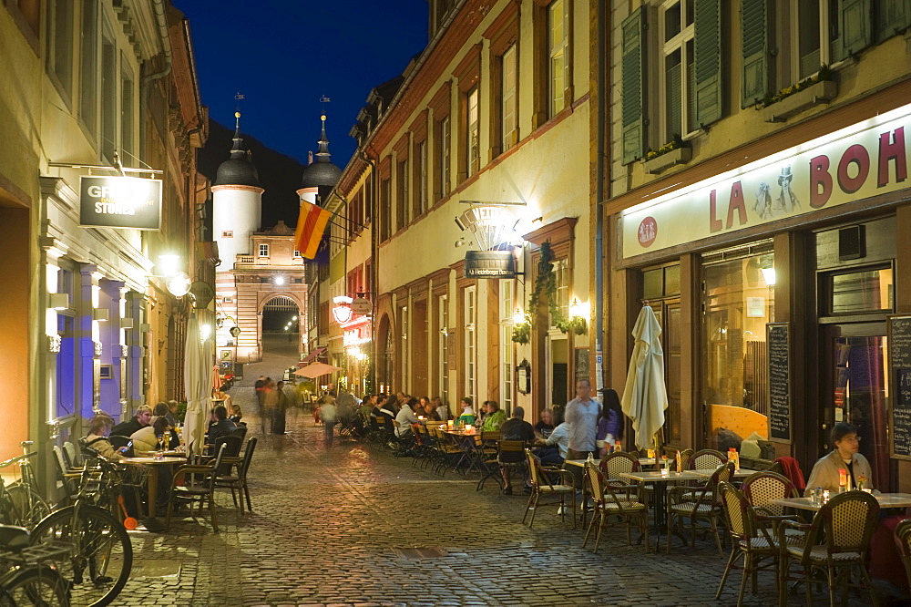 Cobblestone alley and Old Bridge Gate, Heidelberg, Neckar, Palatinate, Baden-Wuerttemberg, Germany, Europe