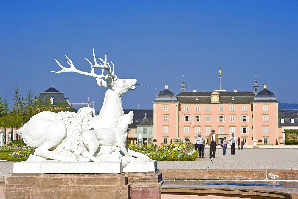 Schwetzingen Castle, castle garden, deer sculpture, Schwetzingen, Electoral Palatinate, Baden-Wuerttemberg, Germany, Europe