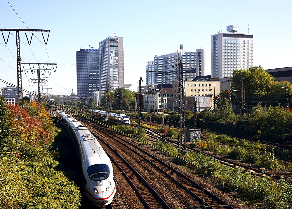 Essen city centre, skyline with various administrative and corporate buildings of large companies such as RWE and EVONIK, ICE Intercity-Express railway tracks of Essen central station, Essen, North Rhine-Westphalia, Germany, Europe