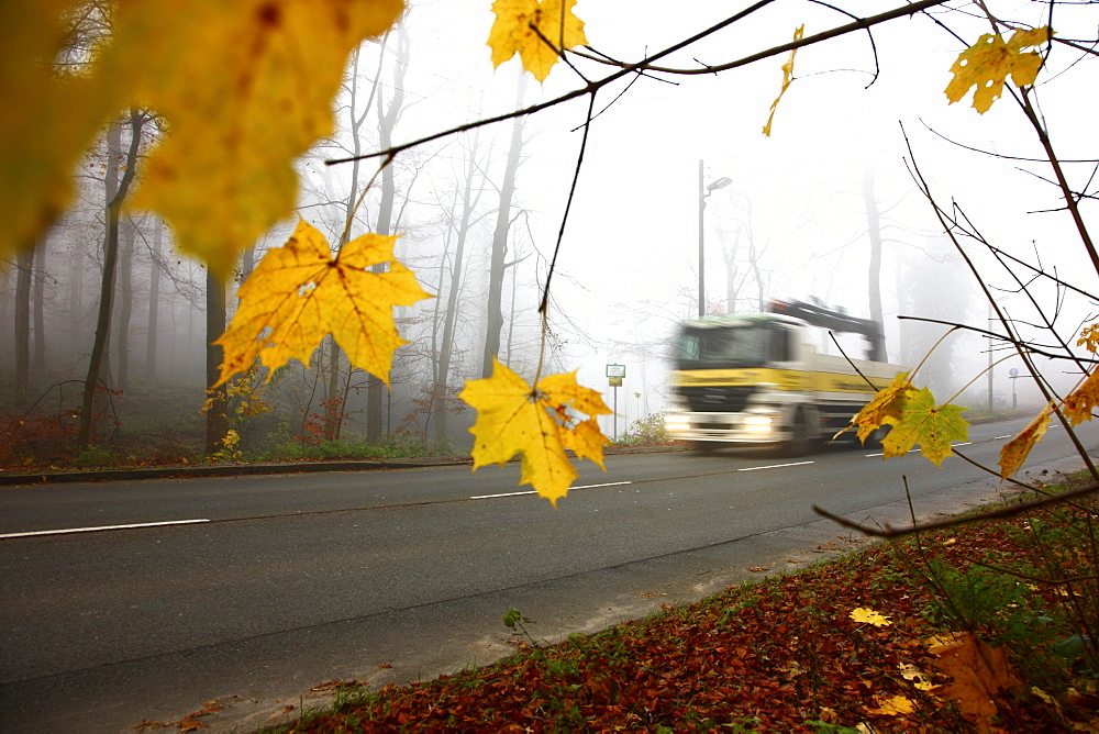 Highway in dense fog, autumn, visibility below 100 metres, Essen, North Rhine-Westphalia, Germany, Europe