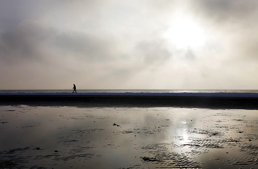 Person walking along the snow-covered beach on the East Frisian North Sea island of Spiekeroog, Lower Saxony, Germany, Europe