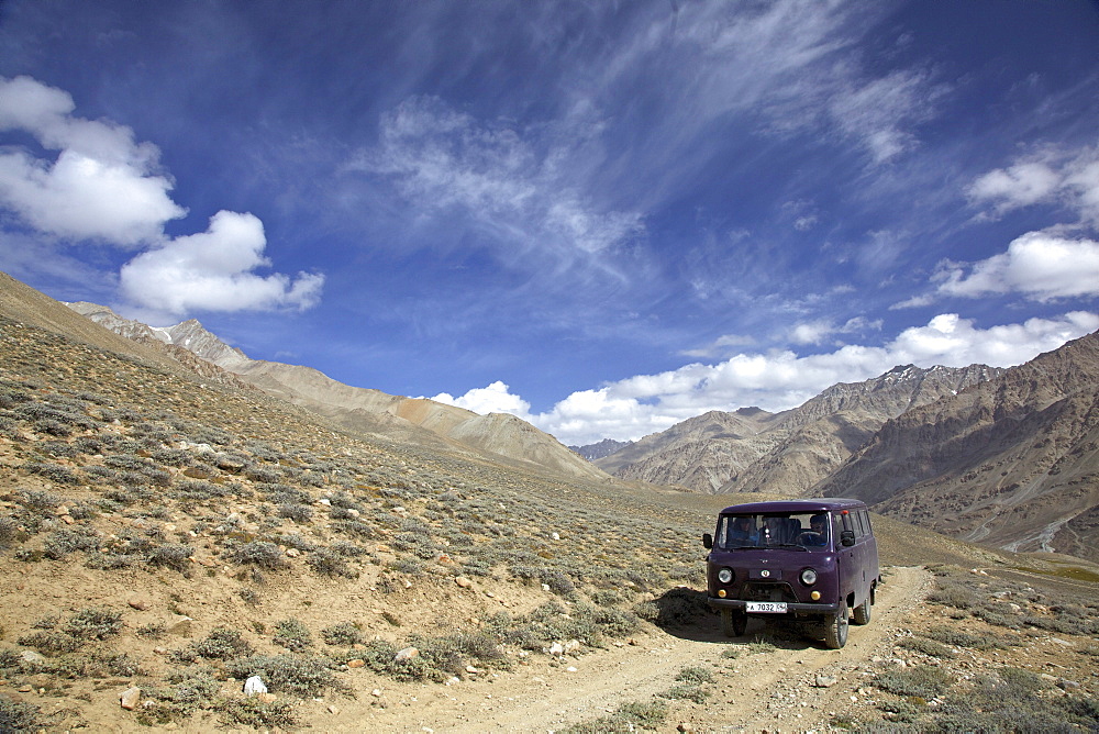 UAZ off-road vehicle bus, Pamir mountain range, Tajikistan, Central Asia