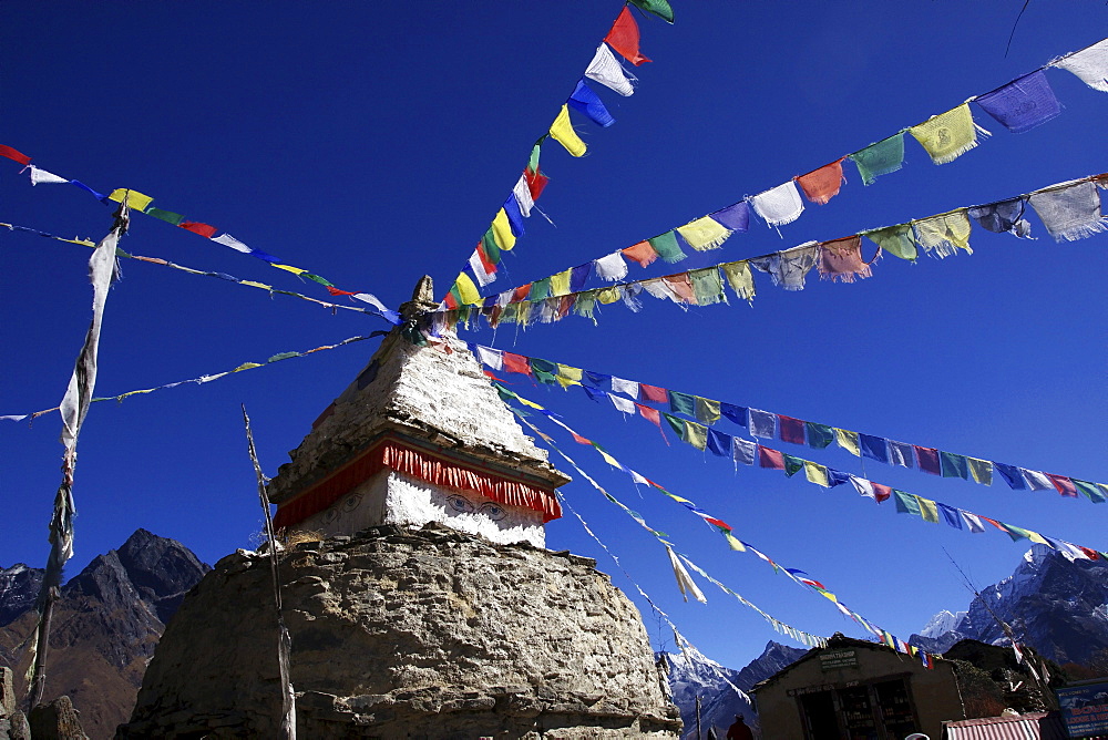 A stupa with prayer flags in Mongla, Khumbu, Sagarmatha National Park, Nepal, Asia