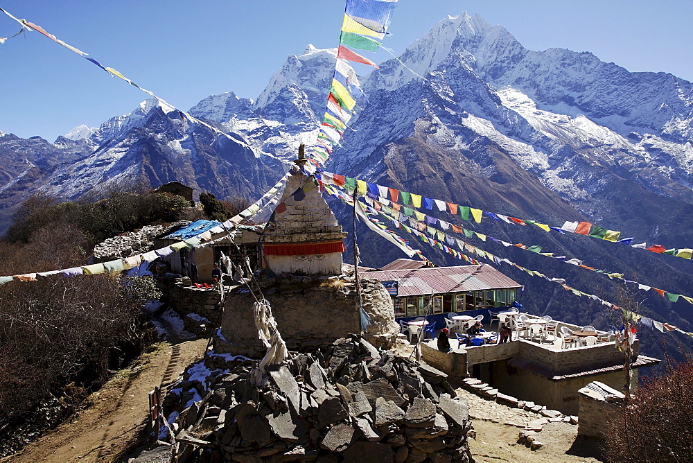 A stupa with prayer flags at the Boudha Lodge in Mongla, Khumbu, Sagarmatha National Park, Nepal, Asia