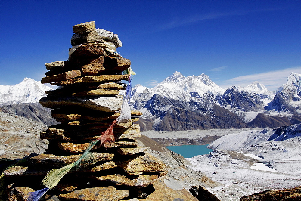 View from the Renjola pass on Gokyo and Gokyo Tso Lake over the Ngozumpa glacier to the Everest massif, Khumbu, Sagarmatha National Park, Nepal, Asia