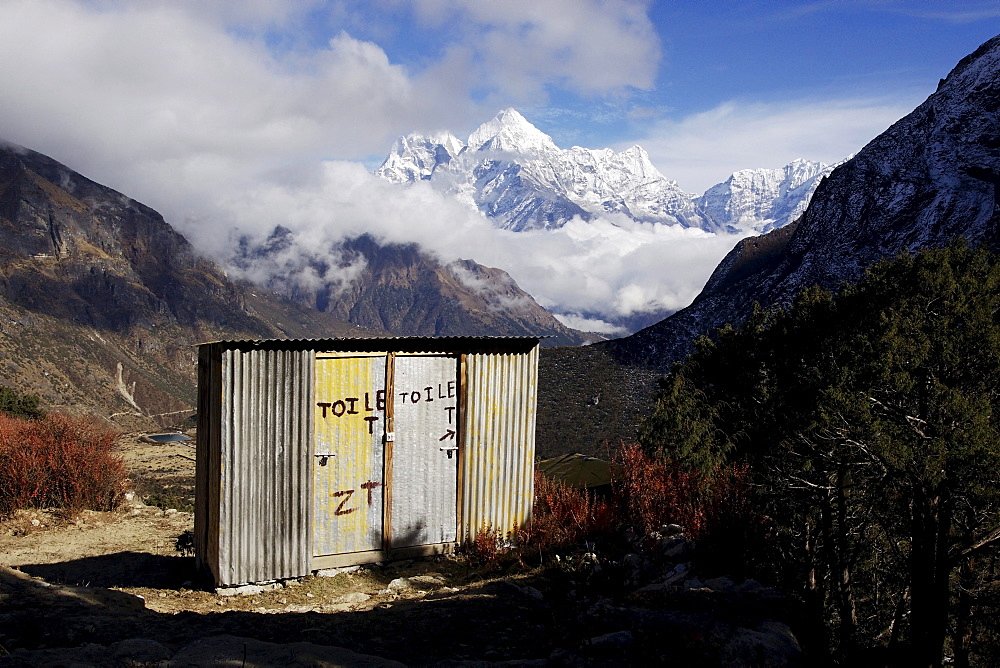 Toilets at the Buddhist monastery of Thame, behind Mt. Kangtega and Mt. Thamserku, Khumbu, Sagarmatha National Park, Nepal, Asia