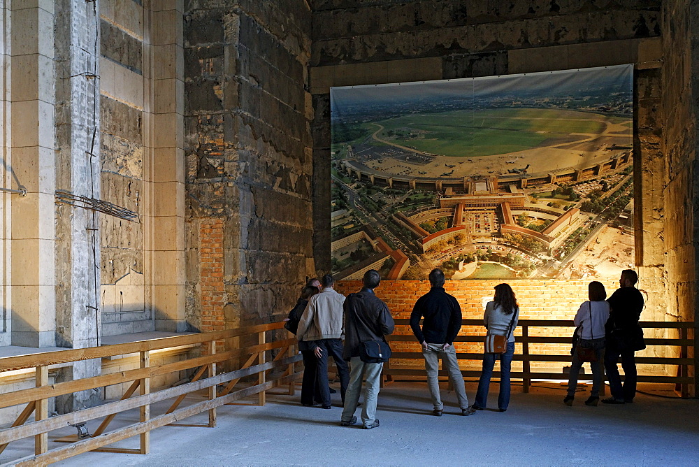 Unplastered entrance hall from the Nazi era, large photo on the wall of Tempelhof Airport, Berlin, Germany, Europe