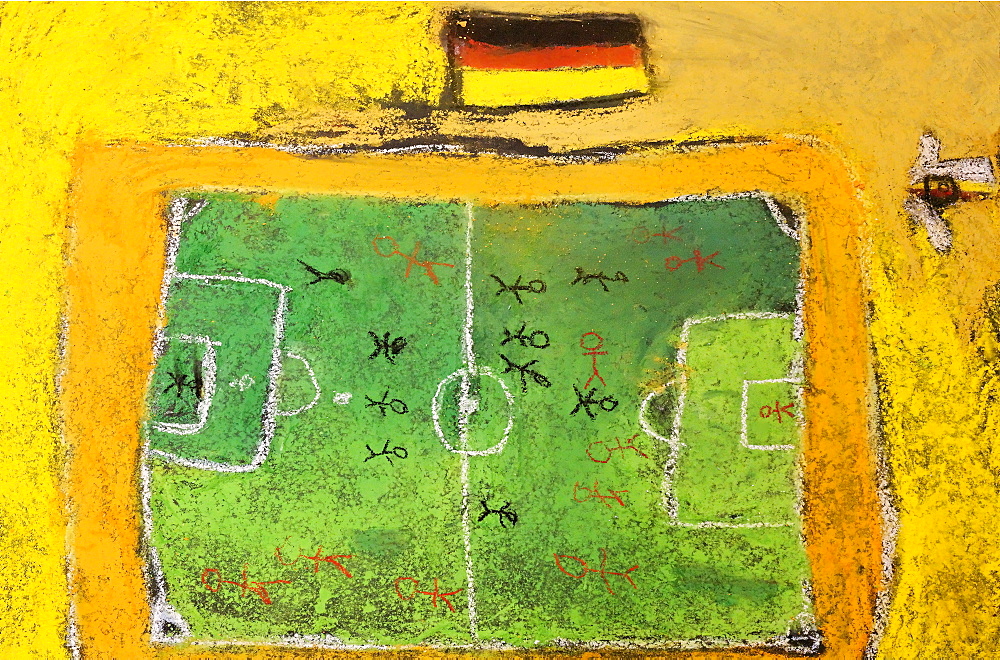 Soccer field and a German national flag, chalk drawing, painted on the floor by children, Germany, Europe