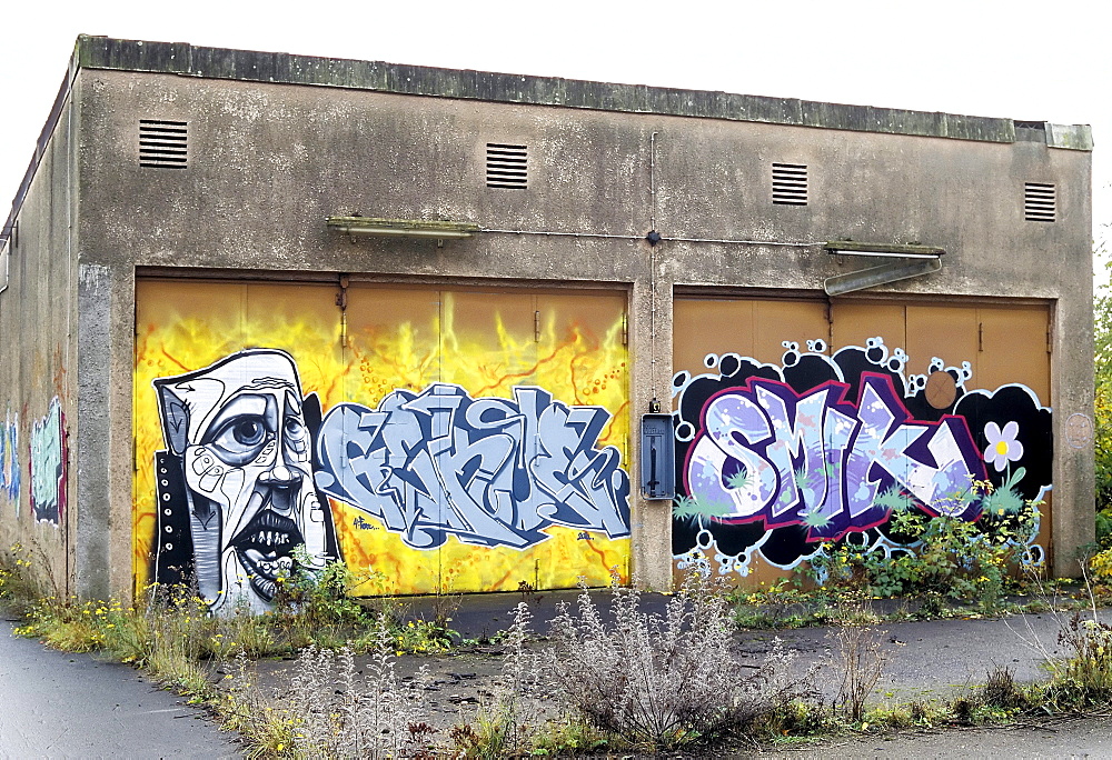 Transformer station painted with graffiti, a former train repair centre, closed in 2003, Wedau district, Duisburg, North Rhine-Westphalia, Germany, Europe