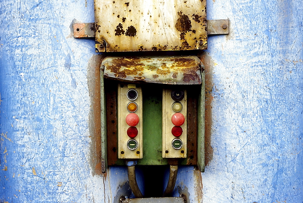 Old control box with buttons, Huettenwerk Meiderich steel mill after closure, today Duisburg-Nord Landscape Park, North Rhine-Westphalia, Germany, Europe