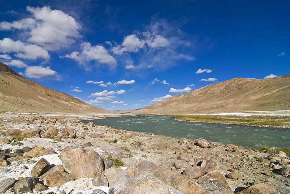 Mountainous landscape and river, Wakhan Valley, Pamir Mountains, Tajikistan, Central Asia