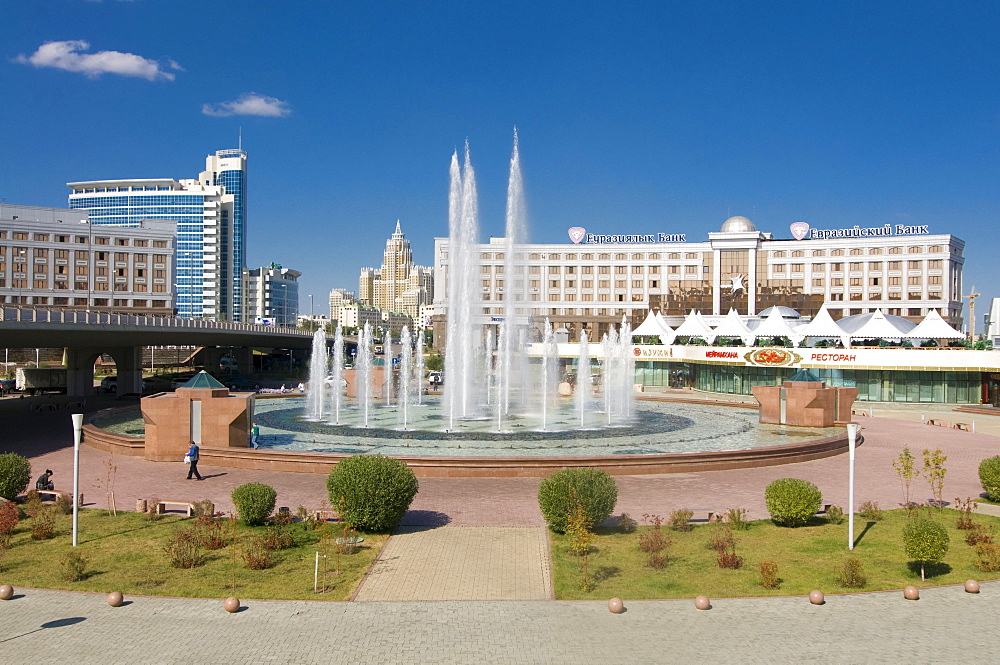 Fountains at Bayterek Tower, landmark of Astana, Kazakhstan, Central Asia