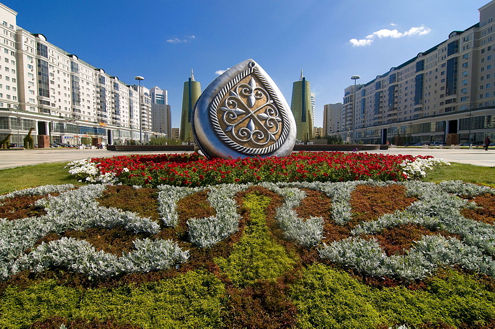 Flower beds at the Bayterek Tower, landmark of Astana, Kazakhstan, Central Asia