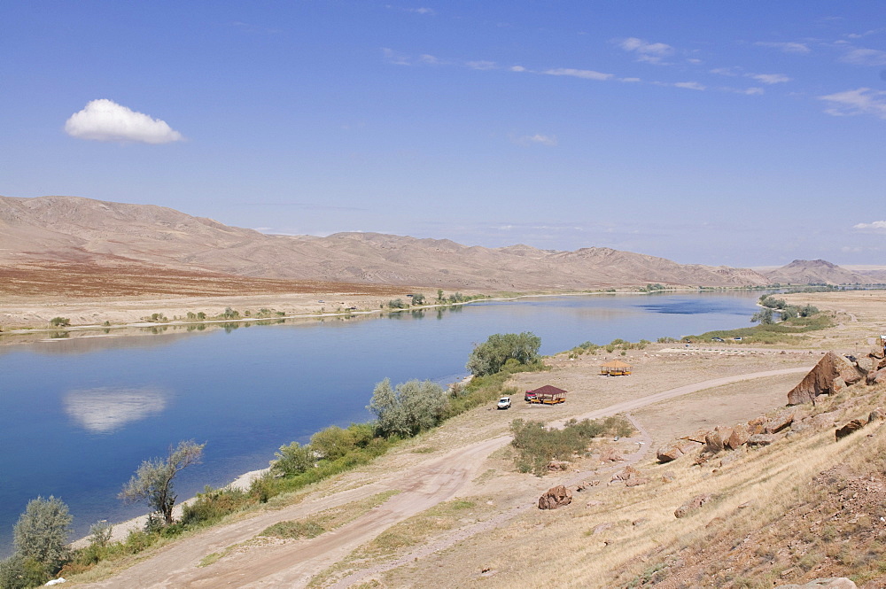 Ily river flowing through a barren landscape, Tamagaly Das, Kazakhstan, Central Asia