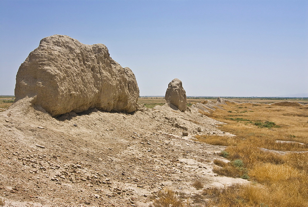 Destroyed sandstone wall around the ancient city of Merv, Turkmenistan, Central Asia