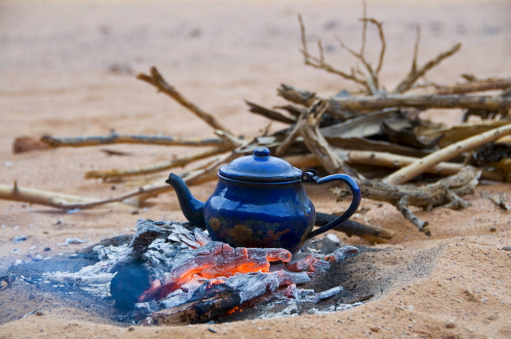 Teapot on campfire, Tadrat, Algeria, Africa