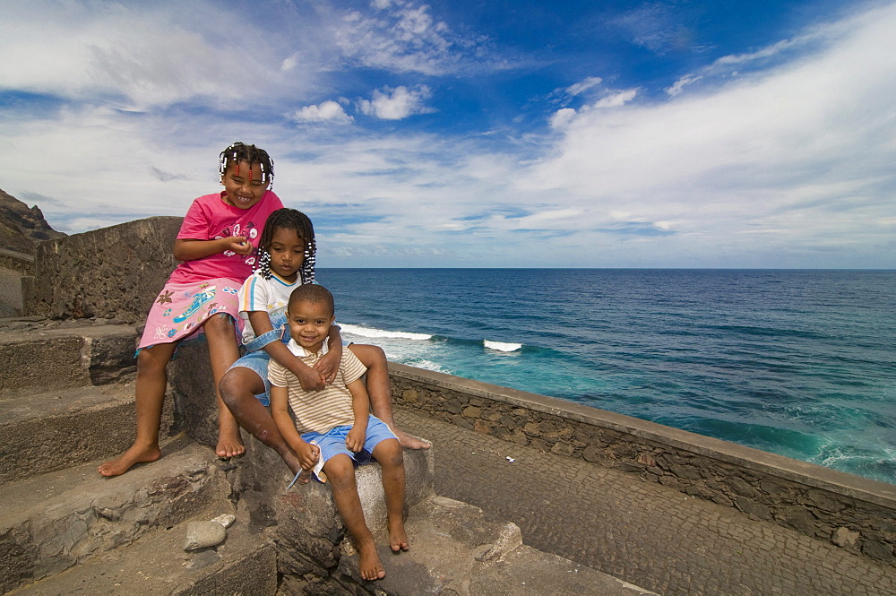 Three smiling children, San Antao, Cabo Verde, Cape Verde, Africa