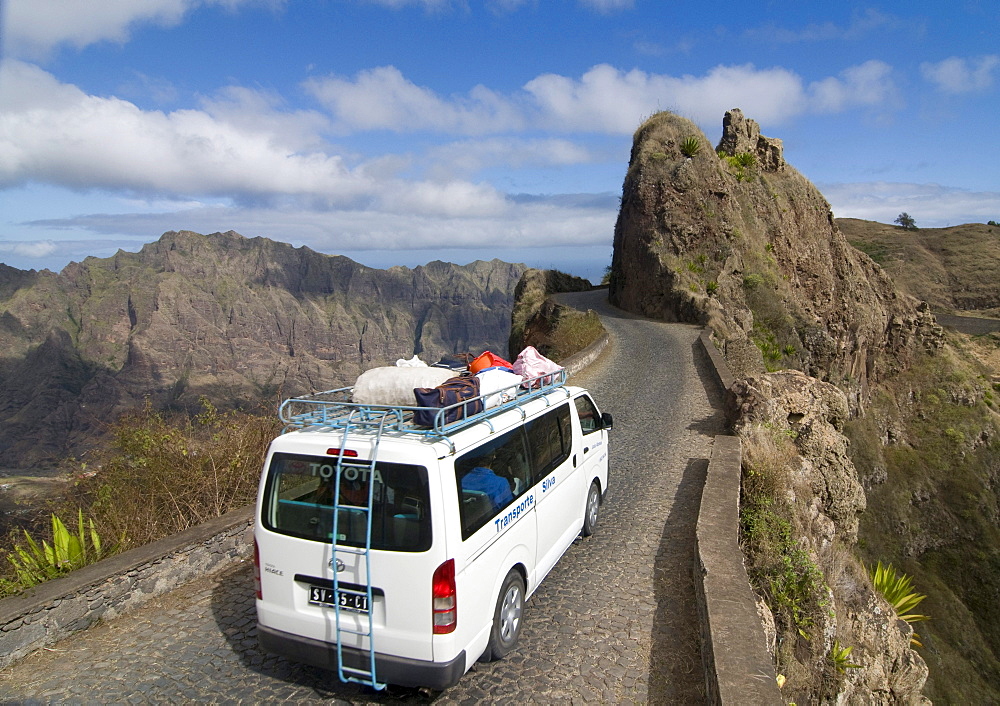 Minibus on a road through rocky landscape, San Antao, Cabo Verde, Cape Verde, Africa