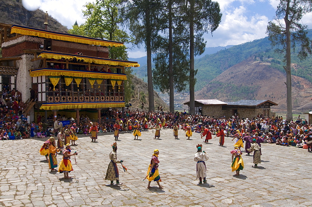 Religious festivity with male visitors and dances, Paro Tsechu, Bhutan, Asia