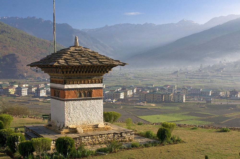 Buddhist stupa above Paro, Bhutan, Asia
