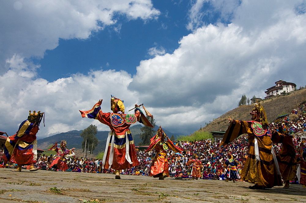 Religious festival with male visitors and dances, Paro Tsechu, Bhutan, Asia