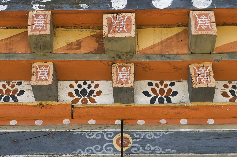 Wooden ornaments in the fortress castle of Wangdue Phodrang, Bhutan, Asia