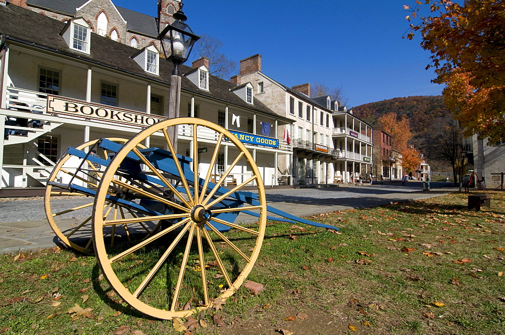 Old carriage in front of the little houses in Harpers Ferry, Maryland, United States of America, USA