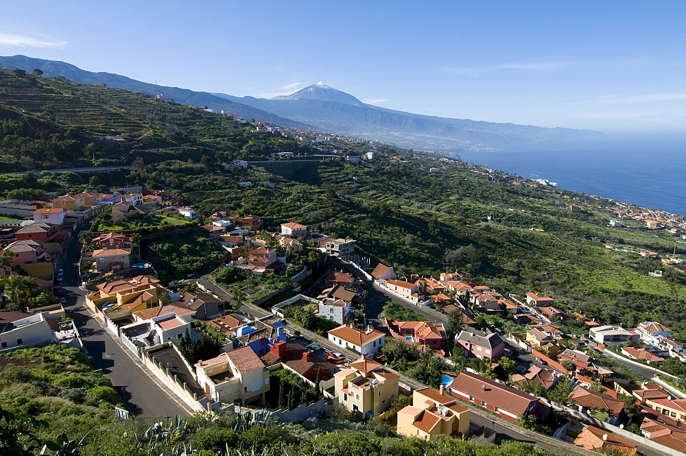 Little town in front of Mount Teide, Pico del Teide volcano, Unesco World Heritage Site, Tenerife, Canary Islands, Spain, Europe