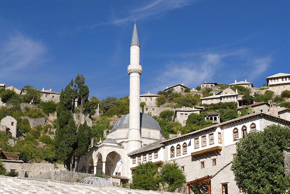 City view with minaret of a mosque, Pocitelj, Bosnia, Europe
