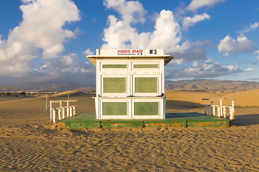 A closed beach restaurant on the beach of Maspalomas, Gran Canaria, Canary Islands, Spain, Europe