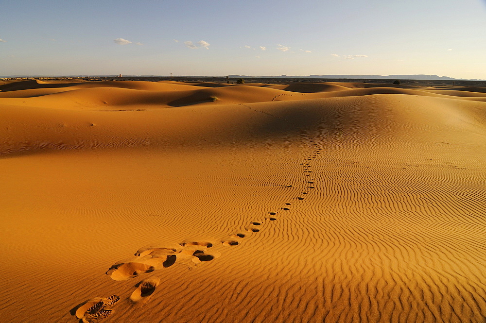 Footprints in the sand dunes of the Sahara, Merzouga, Morocco, Africa