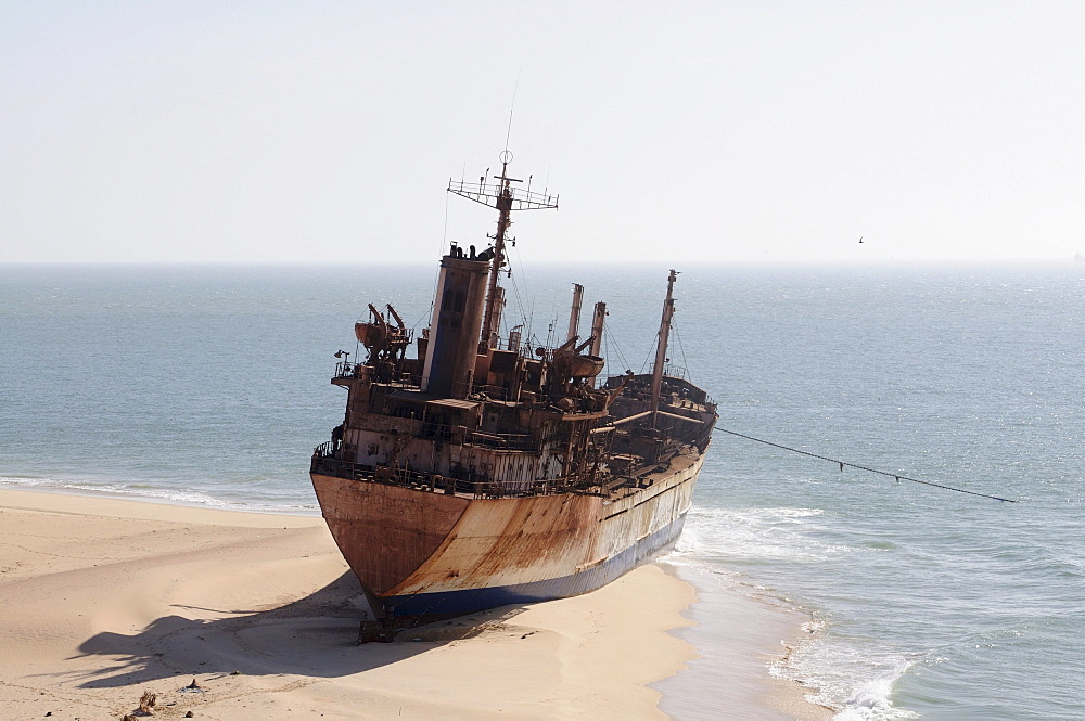 Stranded cargo boat on the shore of Cap Blanc, Nouadhibou, Mauritania, northwestern Africa