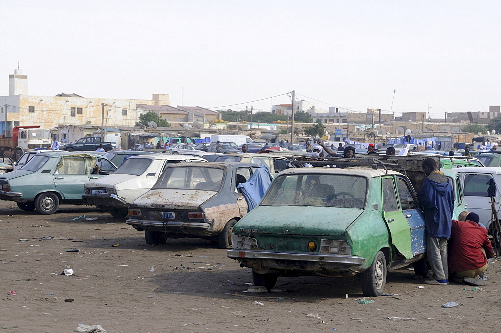 Old Renaults at the central taxi rank of Nouakchott, Mauritania, northwestern Africa