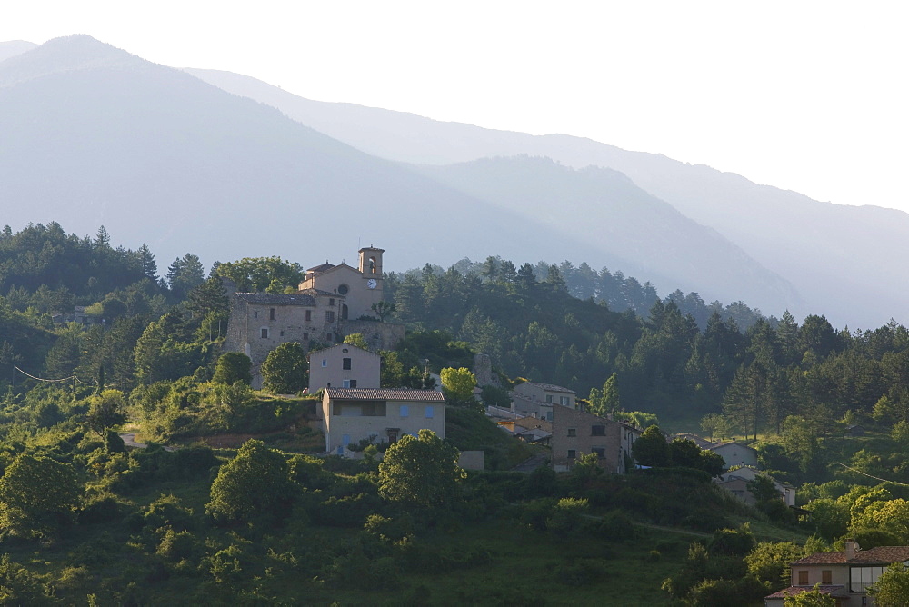 St. Jura in the morning mist, Plateau de Valensole, Departement Alpes-de-Haute-Provence, France, Europe