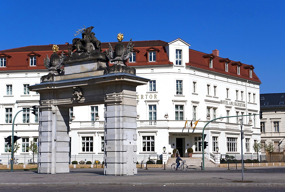 Jaegertor gate and Am Jaegertor Hotel in the city centre, Potsdam, Brandenburg, Germany, Europe