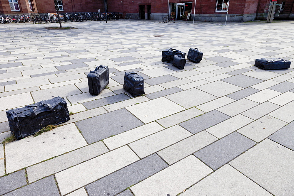 Pieces of art, suitcases at the main station in Wiesbaden, Hesse, Germany, Europe