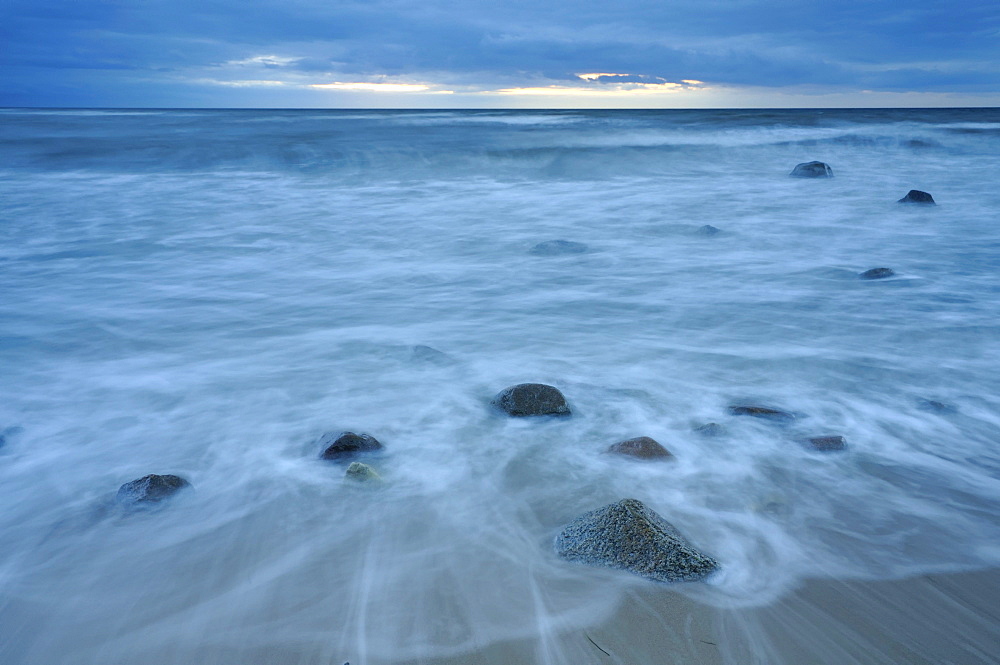 Blue hour on the west coast of Ruegen, Mecklenburg-Western Pomerania, Germany, Europe