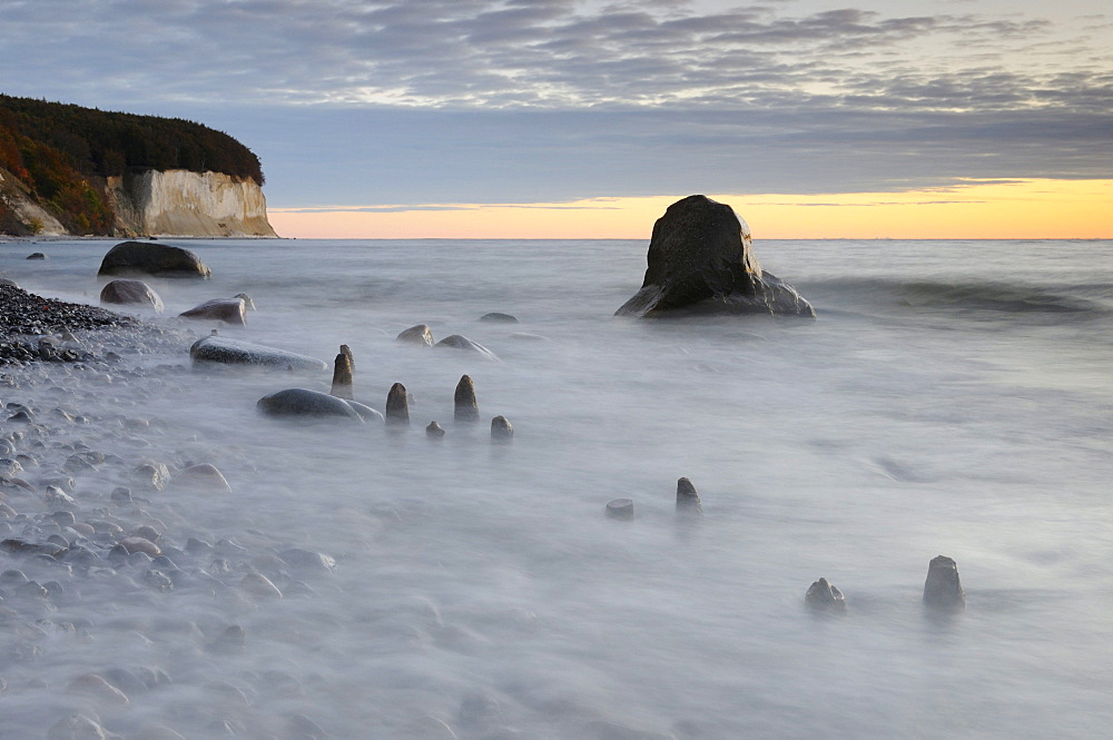 Sunrise at the chalk cliffs near Sassnitz, Jasmund National Park, Ruegen, Mecklenburg-Western Pomerania, Germany, Europe