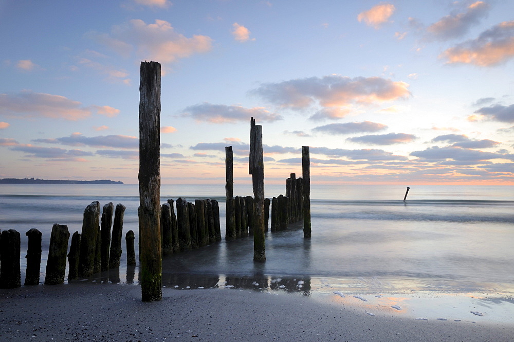 Groynes on a beach near Juliusruh, Rugia island, Mecklenburg-Western Pomerania, Germany, Europe