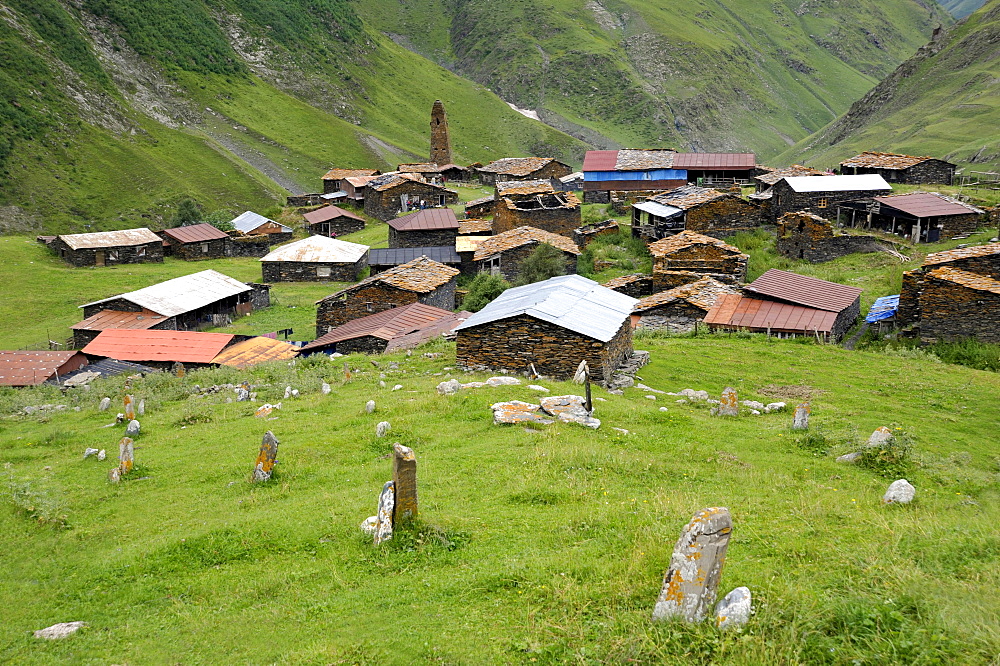 View of the village with cemetery, Parsma, Region Tusheti, Georgia, Western Asia